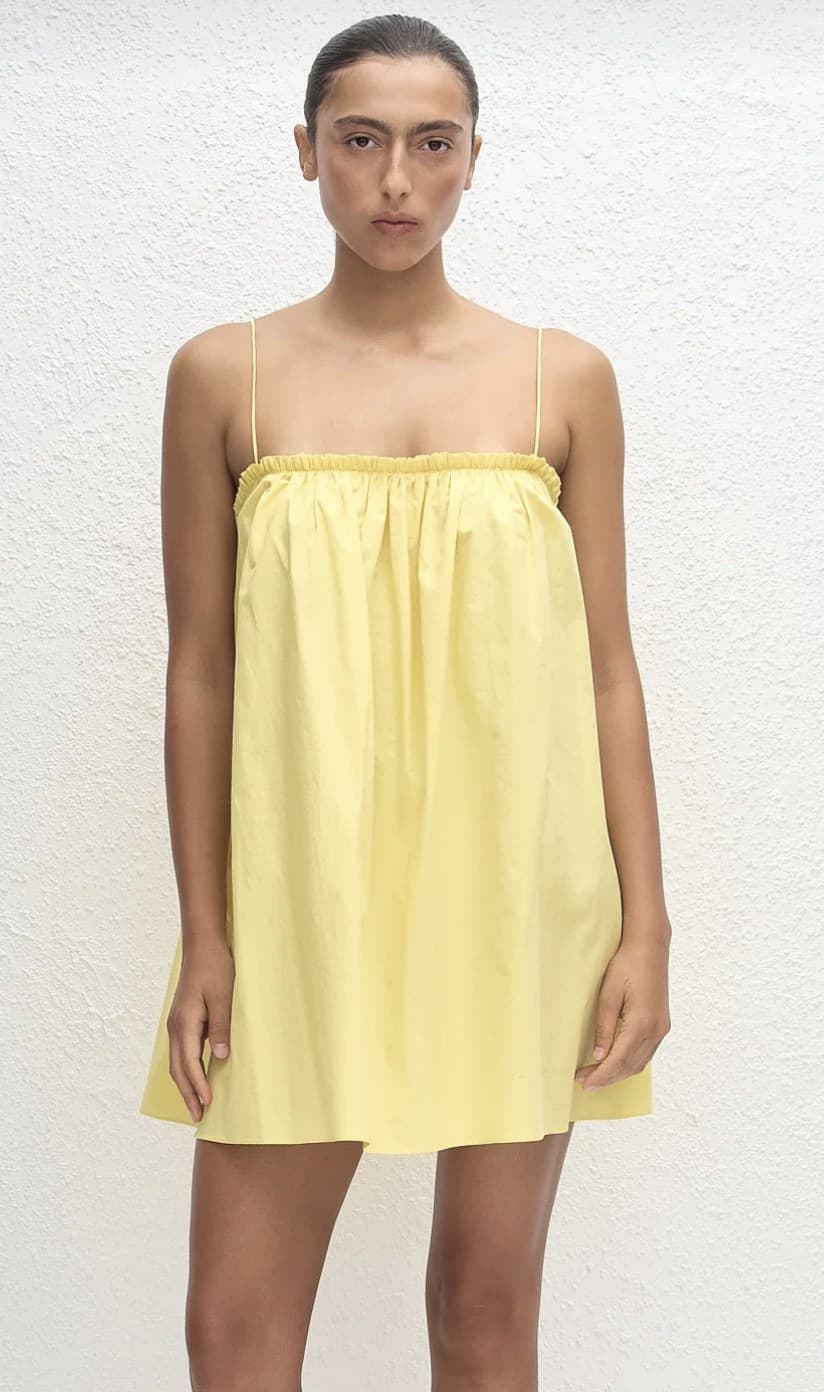 Yellow slip dress, campaign shot