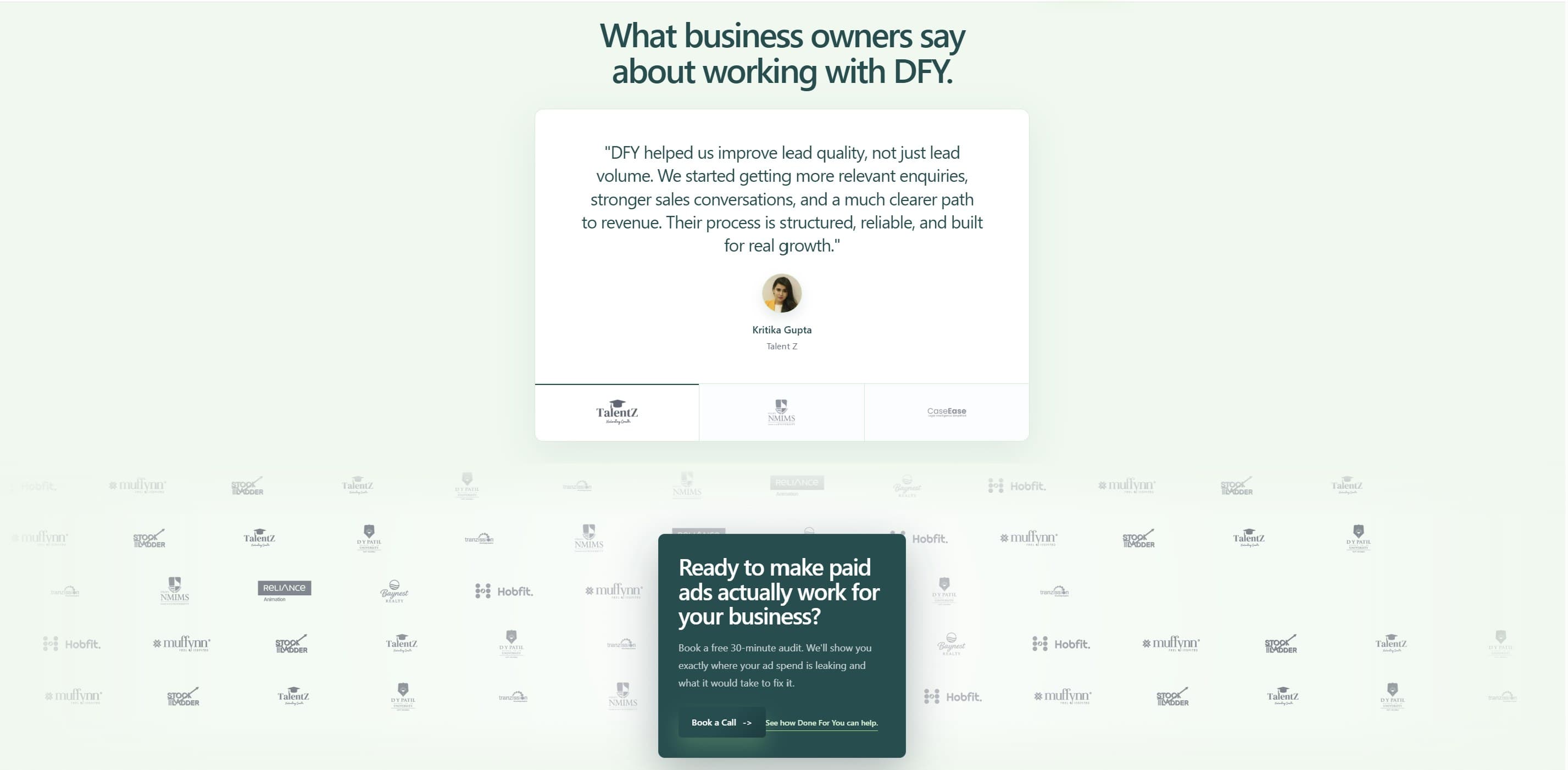 Agency landing page — client testimonials and logo wall