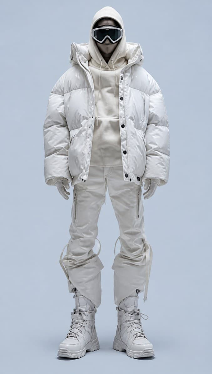FRZN puffer jacket, white colourway, front