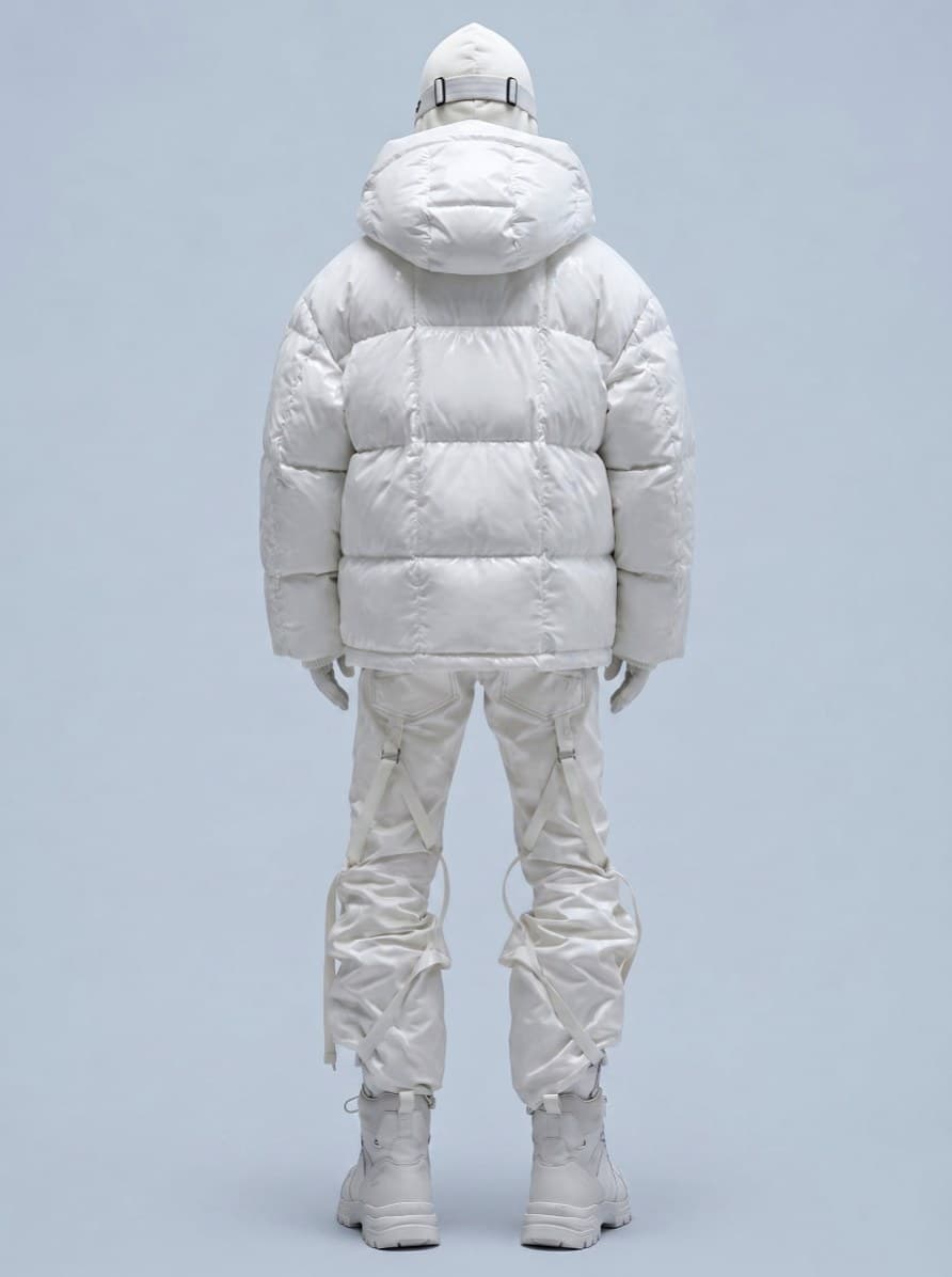 FRZN puffer jacket, white colourway, rear