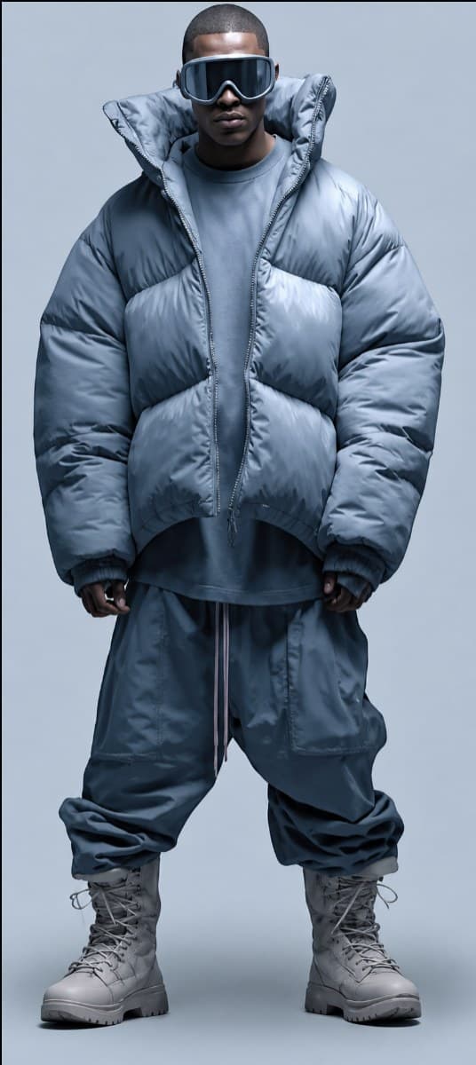 FRZN puffer jacket, slate colourway, full look