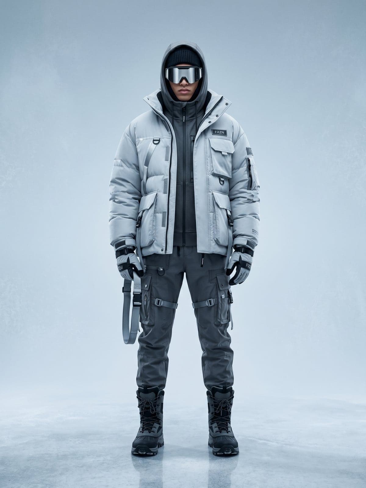 FRZN puffer jacket and cargo pants product photography