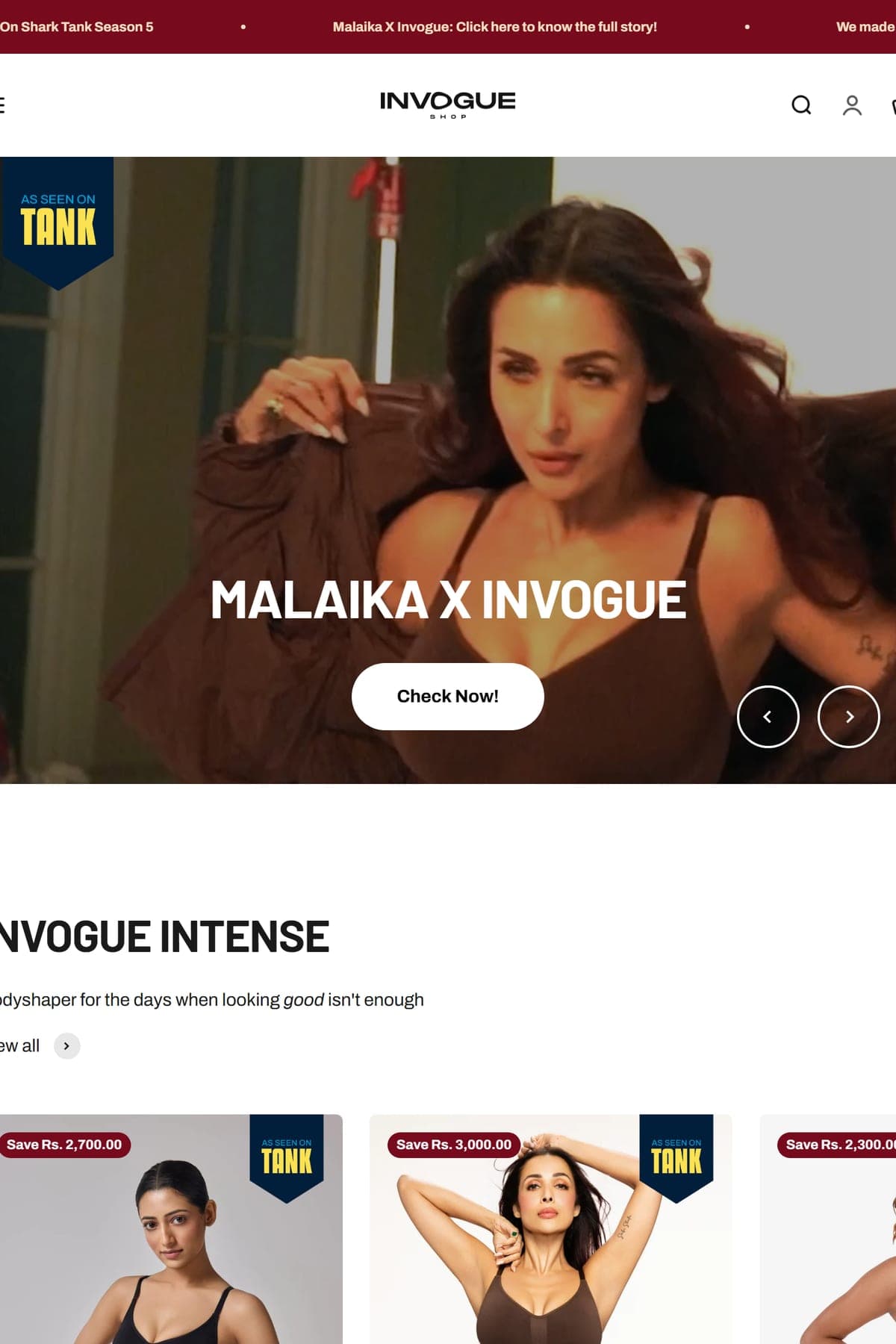Invogue homepage — Malaika x Invogue campaign