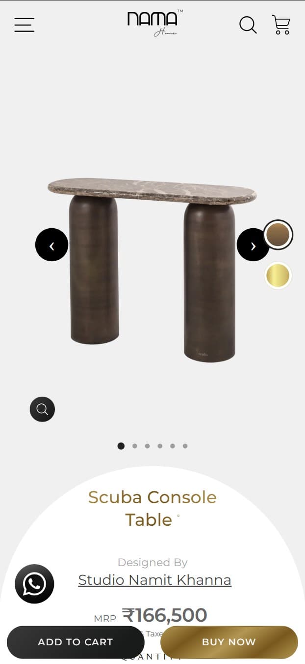 Nama Home Scuba Console Table product page, mobile