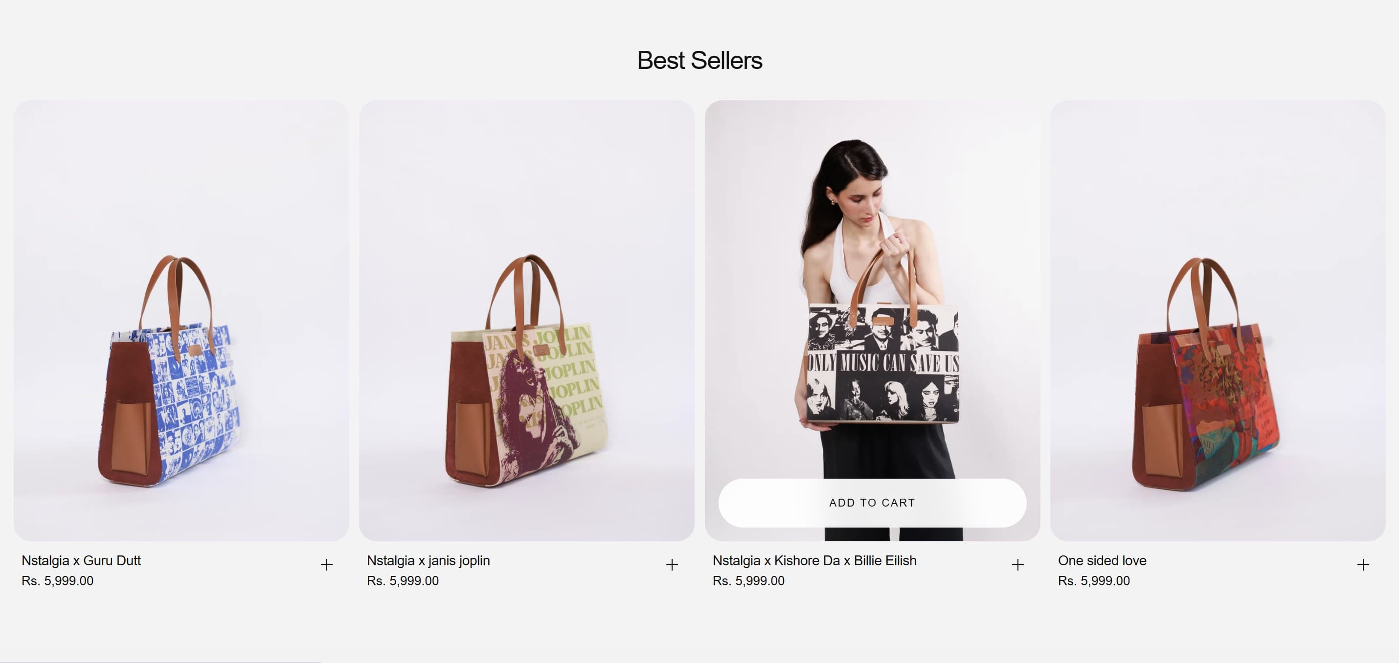Nstalgia Best Sellers grid — Guru Dutt, Janis Joplin and more artwork totes