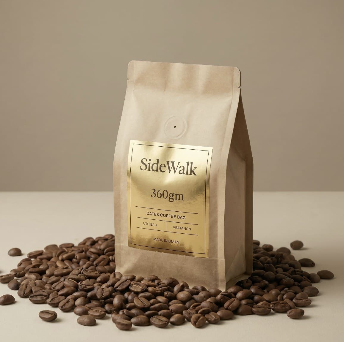 SideWalk 360gm dates coffee bag with gold-foil label, on roasted beans