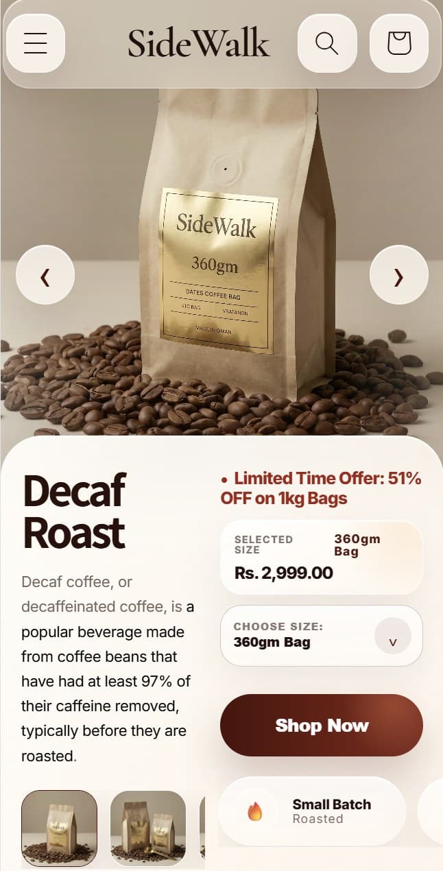 SideWalk Decaf Roast product page on mobile
