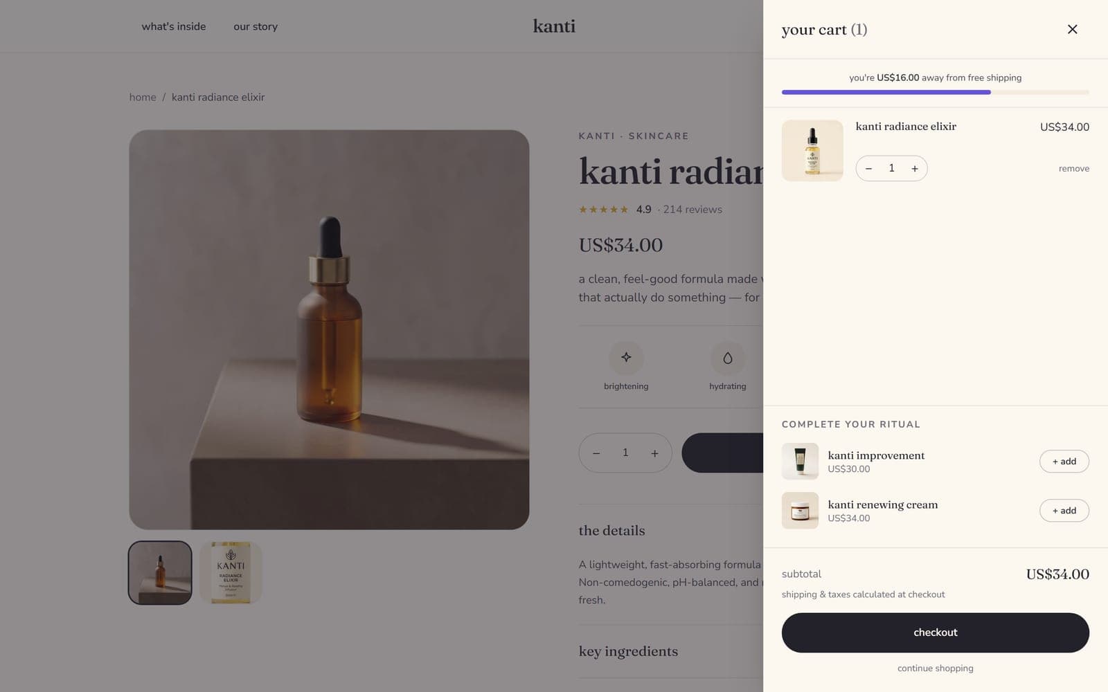 Kanti cart drawer with free-shipping progress