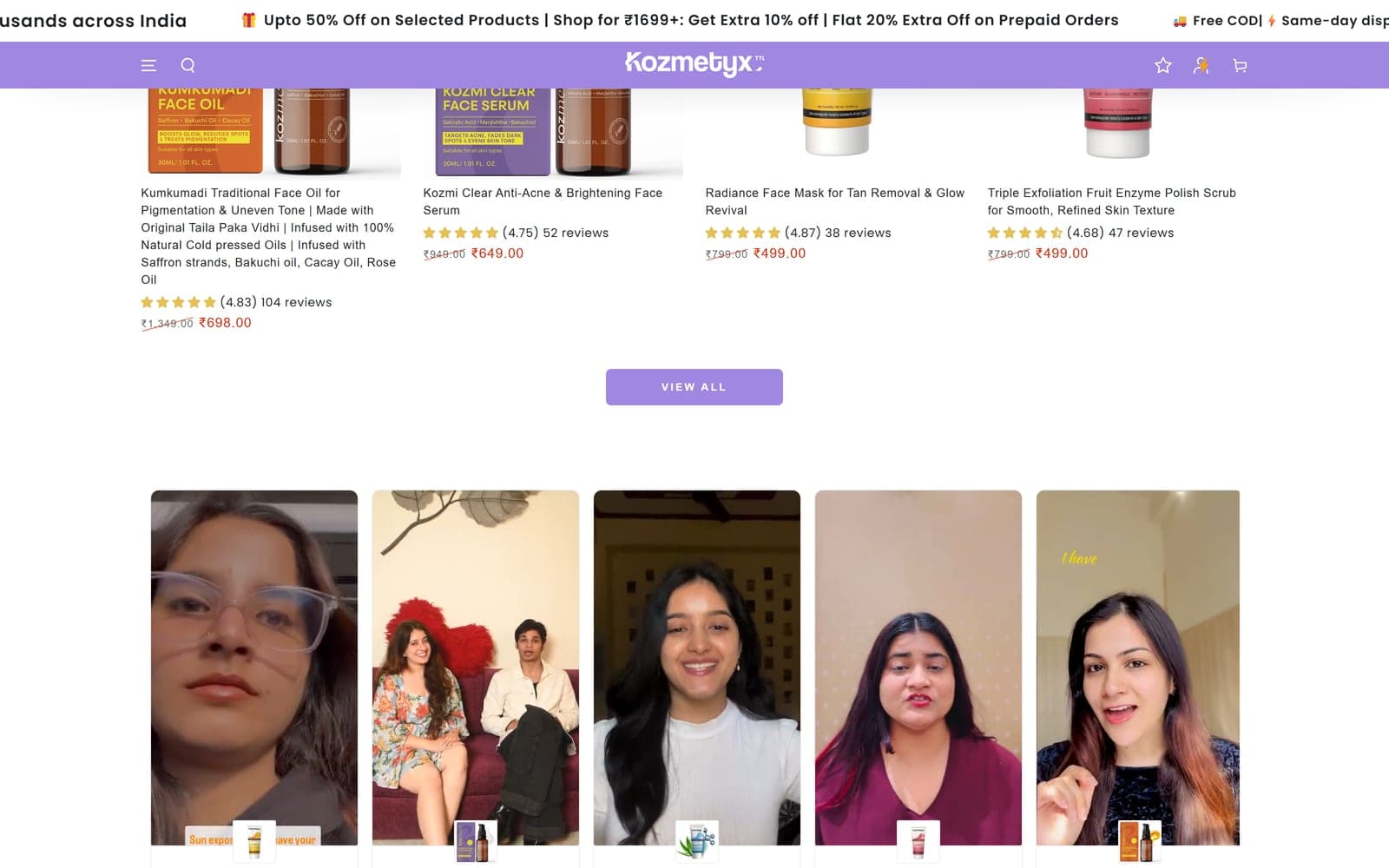 Kozmetyx product grid and customer content